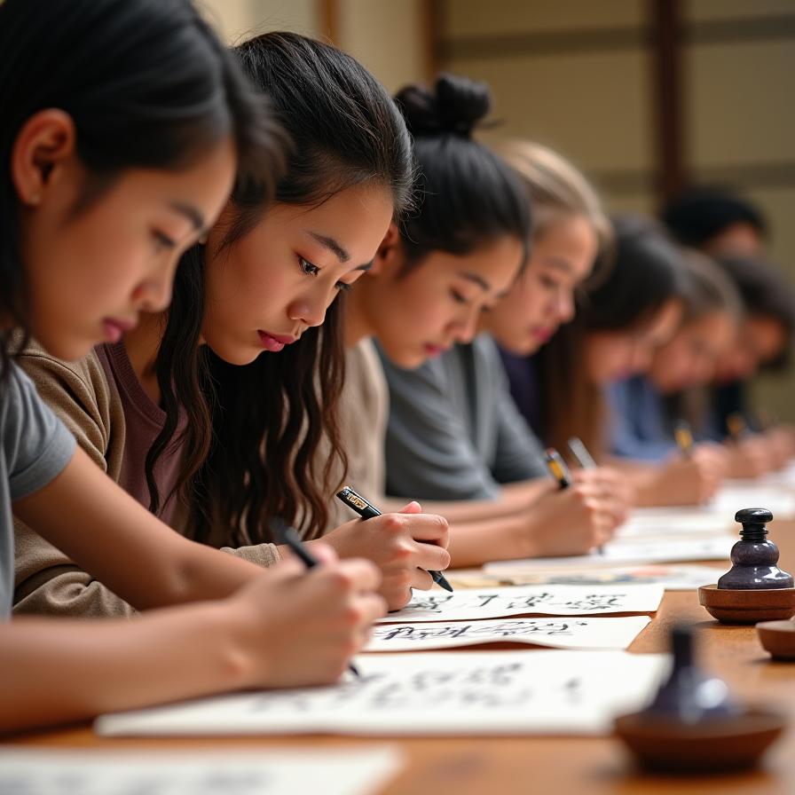 Participantes aprendiendo caligrafía en taller presencial
